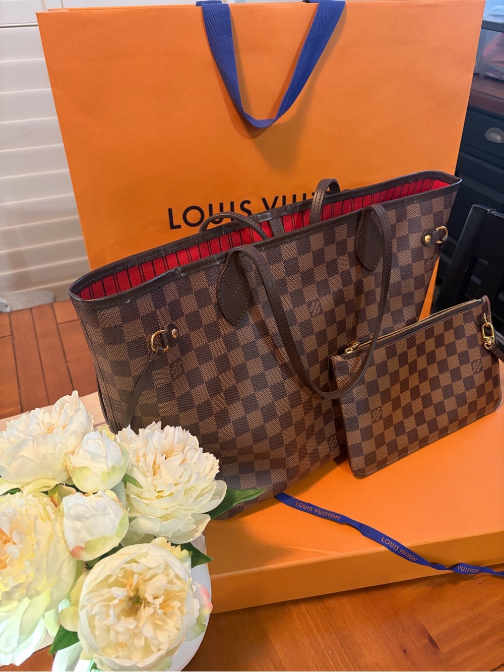Louis Vuitton Damier Ebene Neverfull MM Tote - Brown with Red Interior